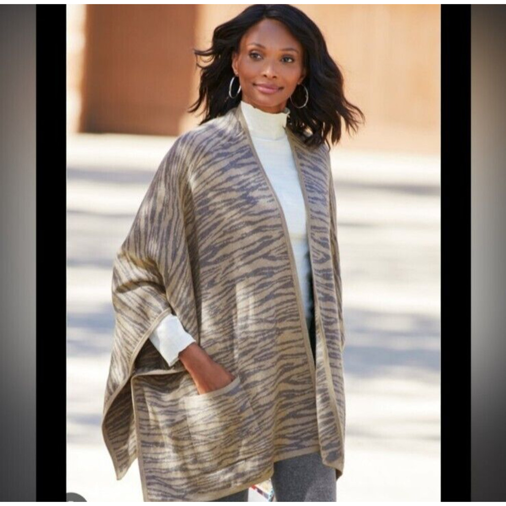 Soft Surrounding Wool Cashmere Cotton Go Lively Zebra Travel Poncho Sweater Wrap